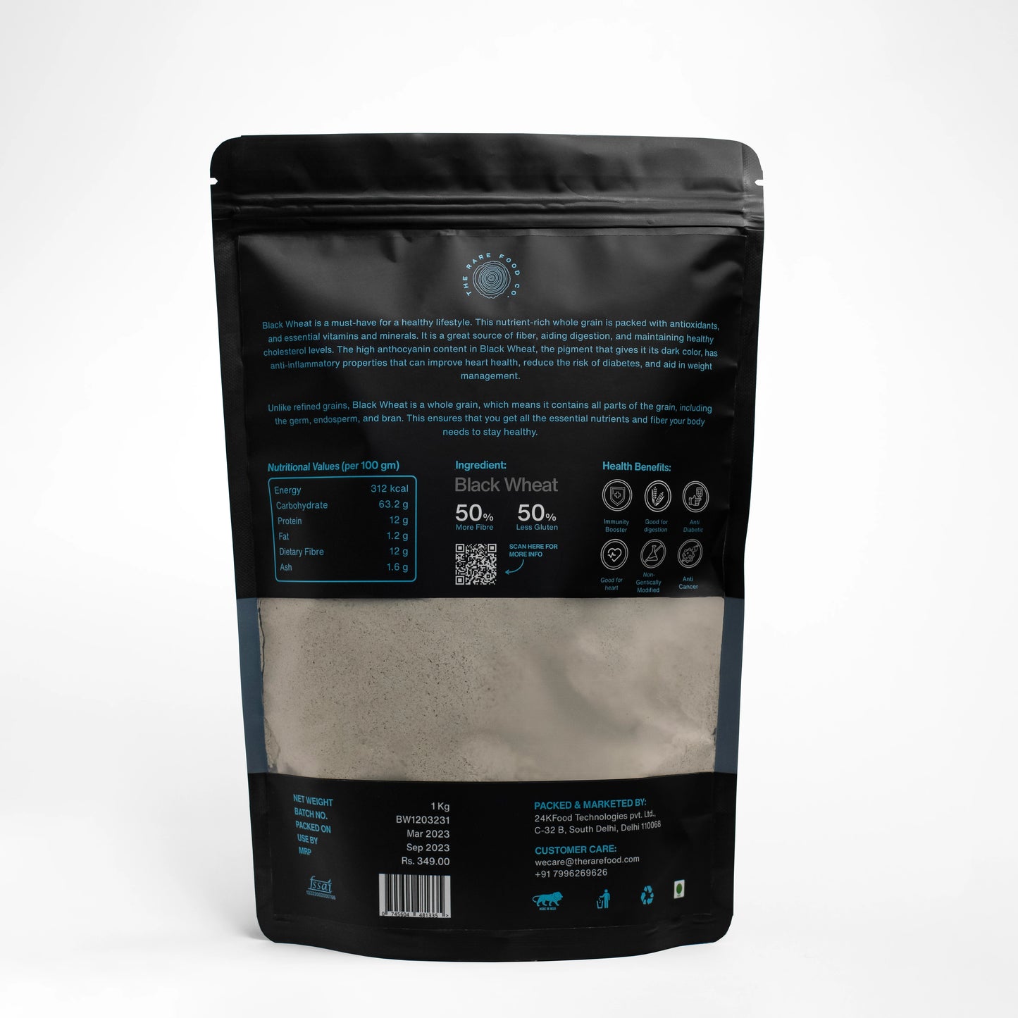 Back side view of black wheat packaging